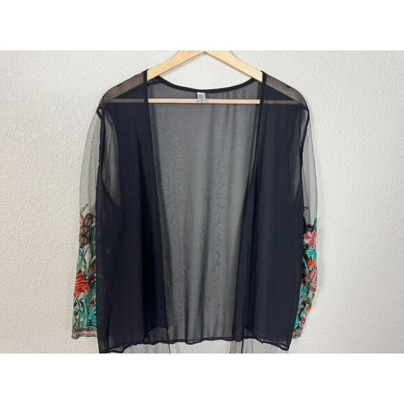 Womens Kimono Cover Up Long Size XXL Black Sheer Floral Embroidered Fringed - Picture 8 of 13